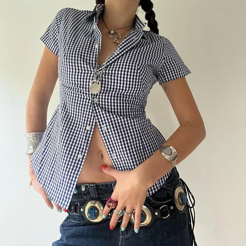 Plaid Cropped Button-Up Cardigan & Summer Blouse