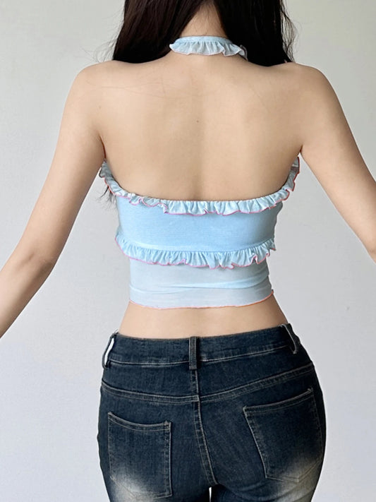 Patchwork Halter See Through Backless Camisole Top
