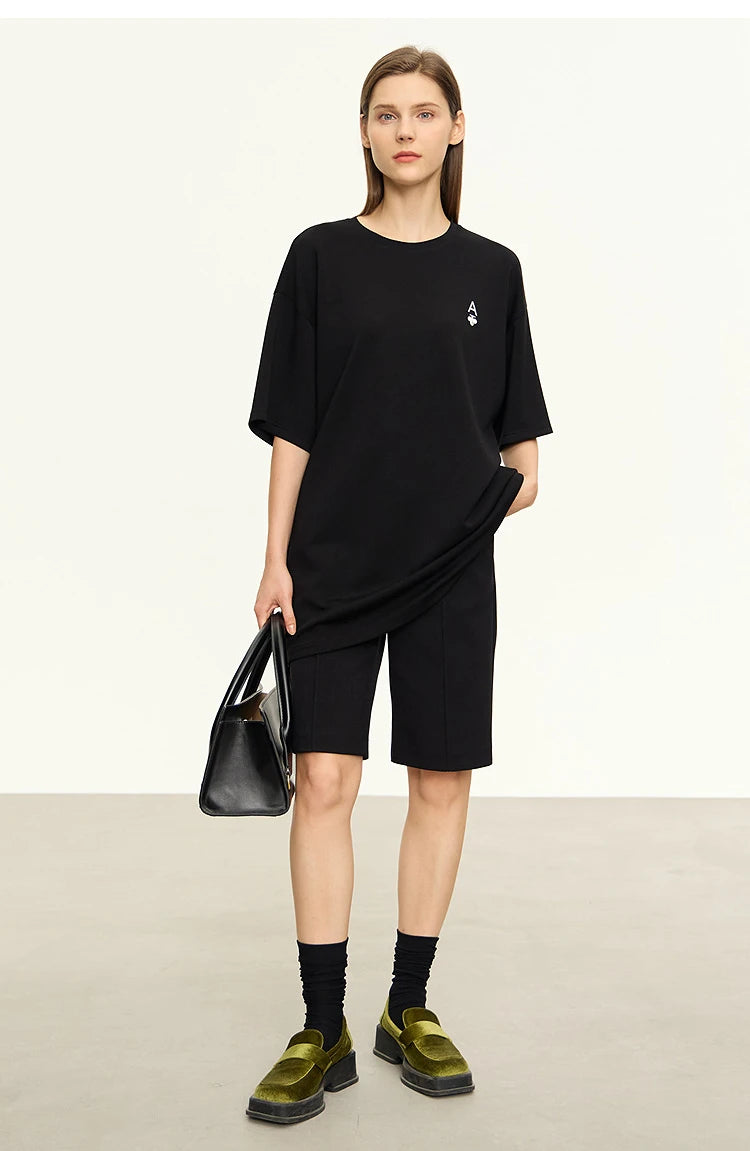 Minimal Loose Long T-shirt with Embroidery