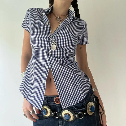 Plaid Cropped Button-Up Cardigan & Summer Blouse