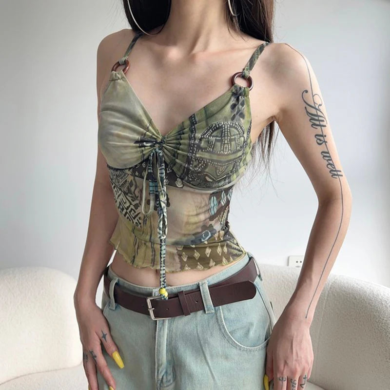 Grunge Fairycore Mesh Crop Top & Drawstring Camisole