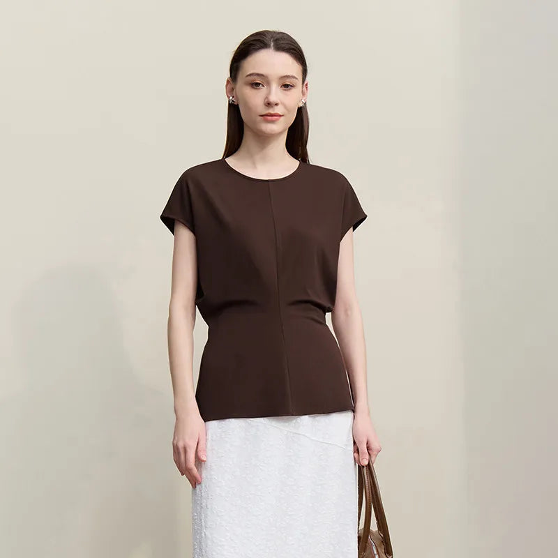 Fitted Waist Pleated Knit Tee Solid Top