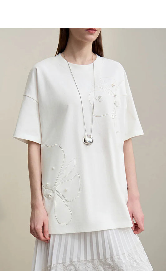 Embroidered Drop Shoulder Loose Cotton Tee
