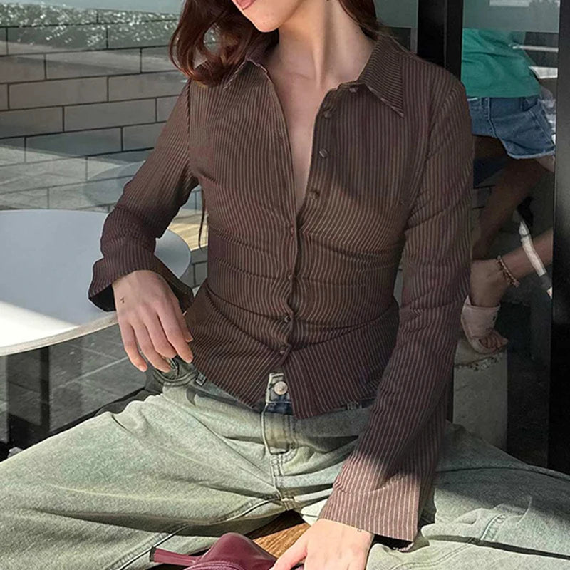Striped Chic Buttoned Flare Sleeve Blouse