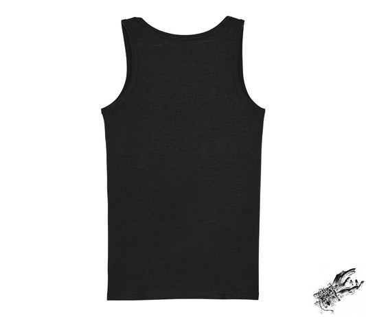 Black tank top on a white background. On the front is a two horned Goat.