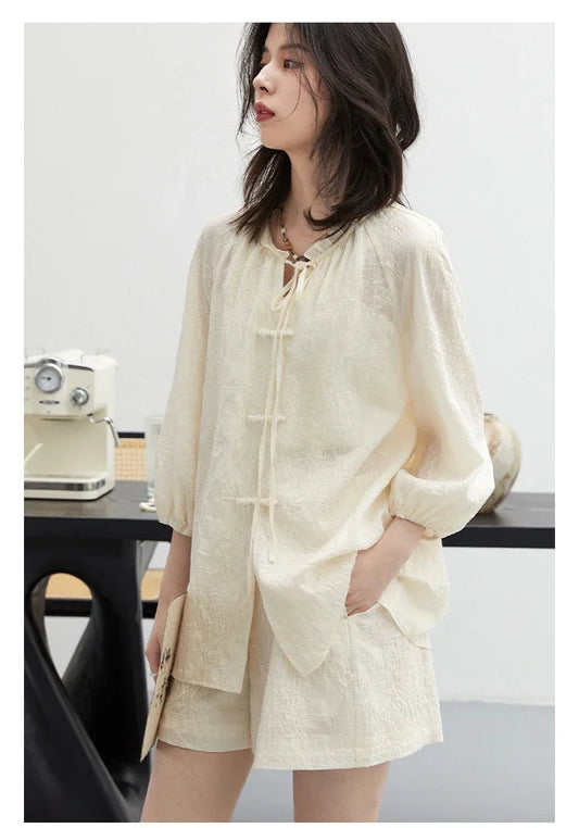 Discover the Embroidered Chinese Blouse & Shorts Set, a perfect blend of traditional craftsmanship and modern elegance. This stunning outfit features intricate embroidery, soft breathable fabric, and a relaxed fit for ultimate comfort. Ideal for warm days, the coordinated shorts complete