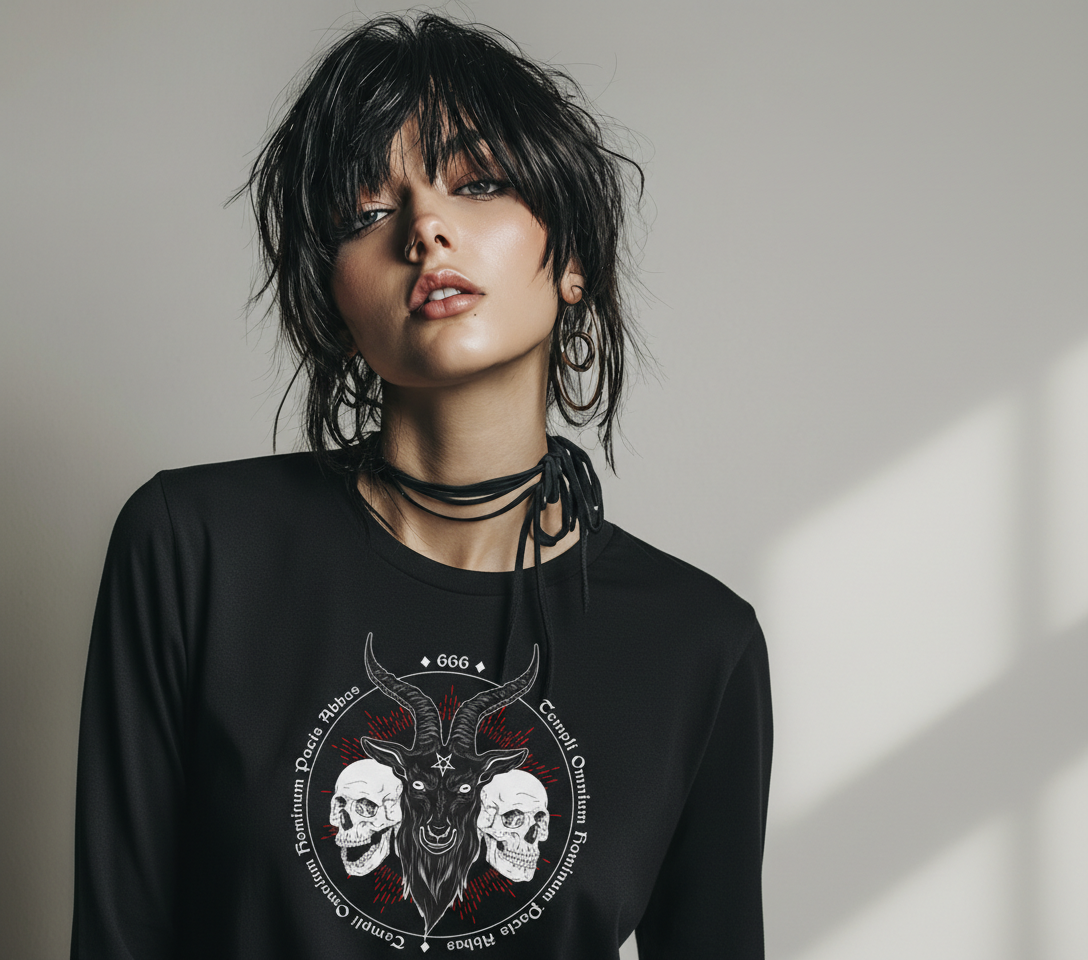 Black Baphomet and Skulls Long Sleeved Shirt