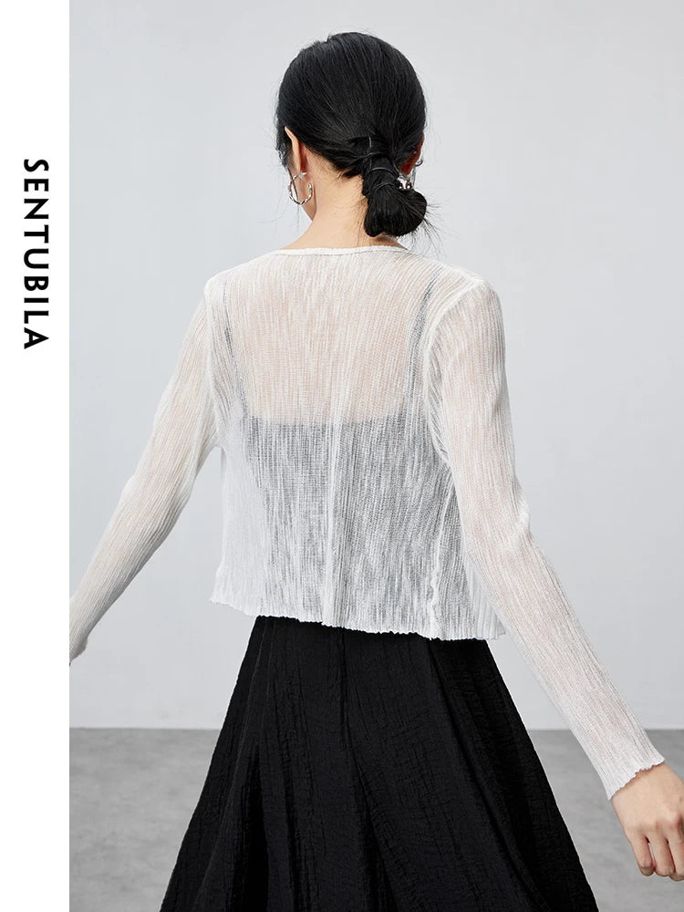 V-neck Cropped Knitted Cardigan & Long Sleeve Top