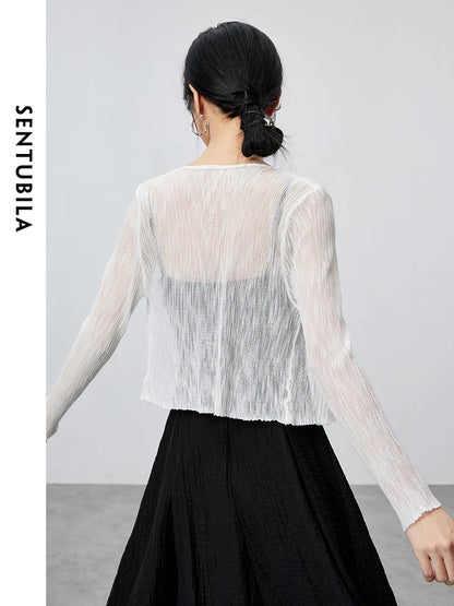 V-neck Cropped Knitted Cardigan & Long Sleeve Top