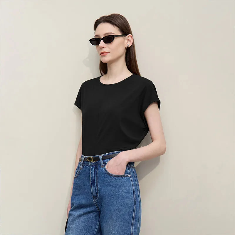 Fitted Waist Pleated Knit Tee Solid Top
