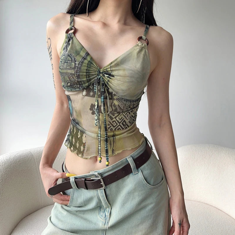 Grunge Fairycore Mesh Crop Top & Drawstring Camisole
