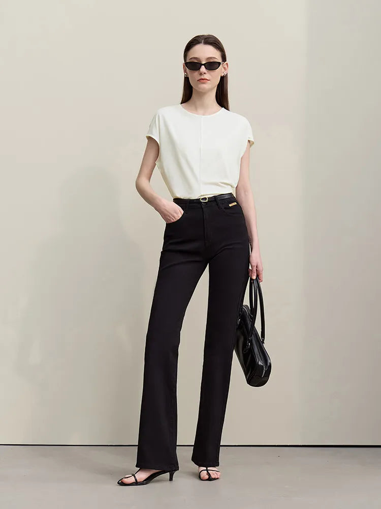 Fitted Waist Pleated Knit Tee Solid Top
