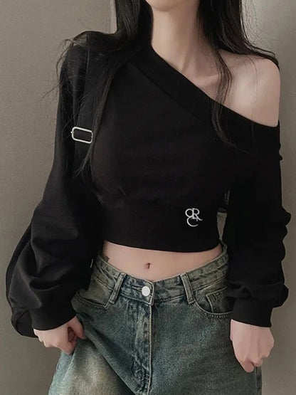 Casual Cropped Off-Shoulder Skew Collar Tee