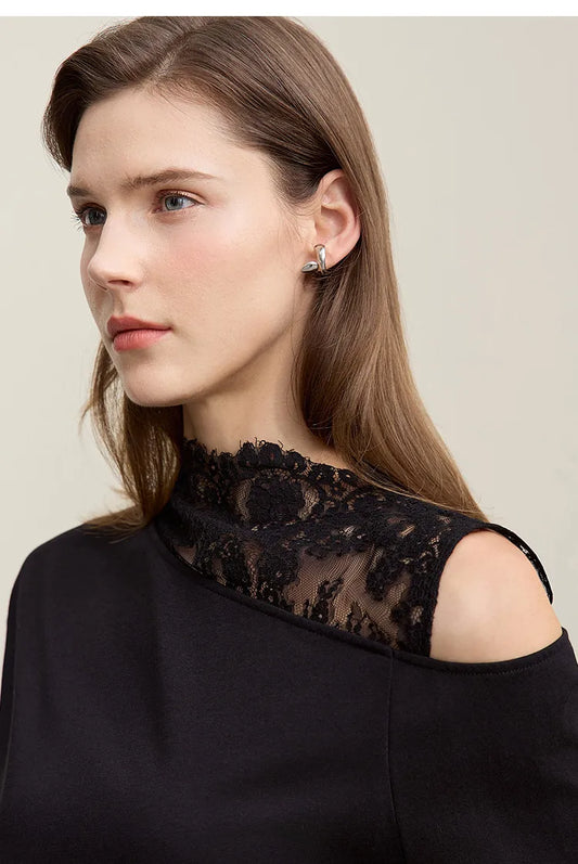 Long Sleeve Lace Accent Cotton T-Shirt