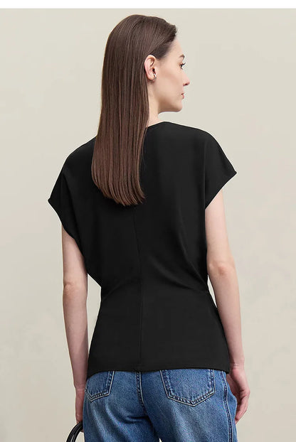 Fitted Waist Pleated Knit Tee Solid Top