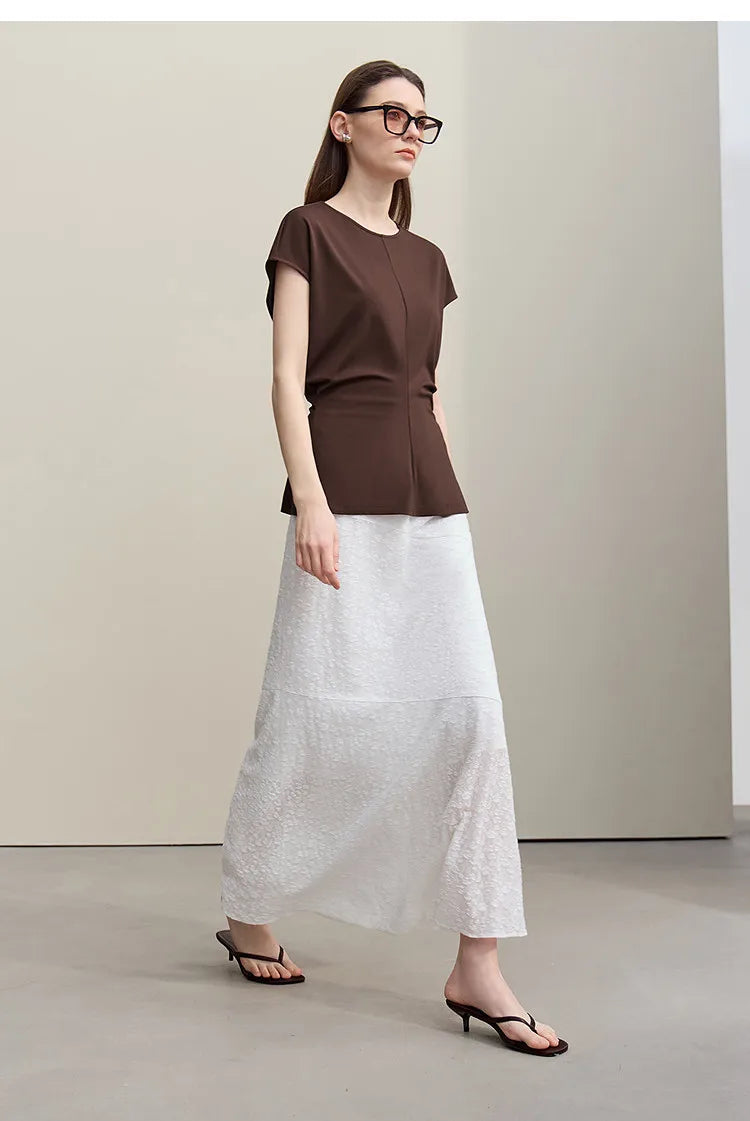 Fitted Waist Pleated Knit Tee Solid Top