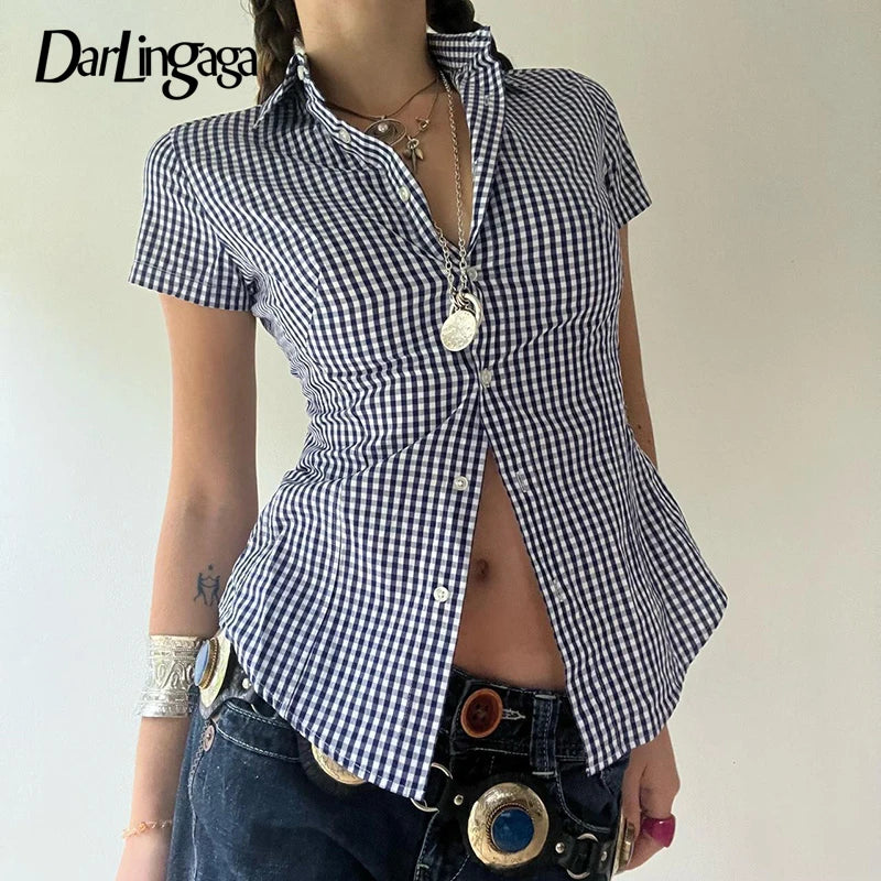 Plaid Cropped Button-Up Cardigan & Summer Blouse