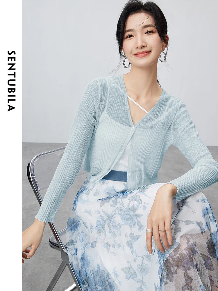 V-neck Cropped Knitted Cardigan & Long Sleeve Top