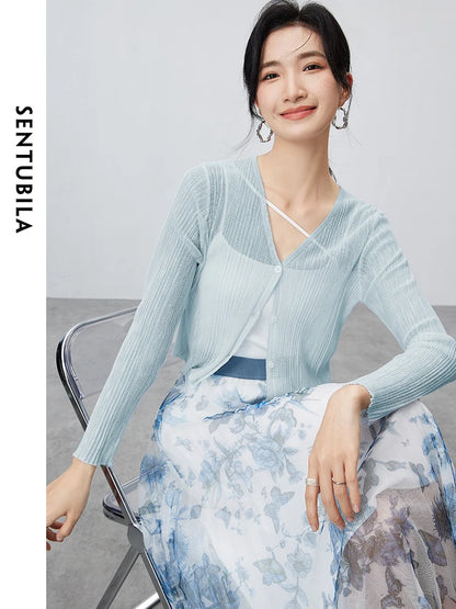 V-neck Cropped Knitted Cardigan & Long Sleeve Top