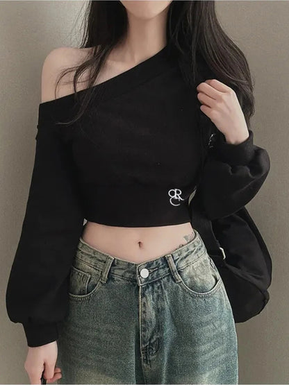 Casual Cropped Off-Shoulder Skew Collar Tee