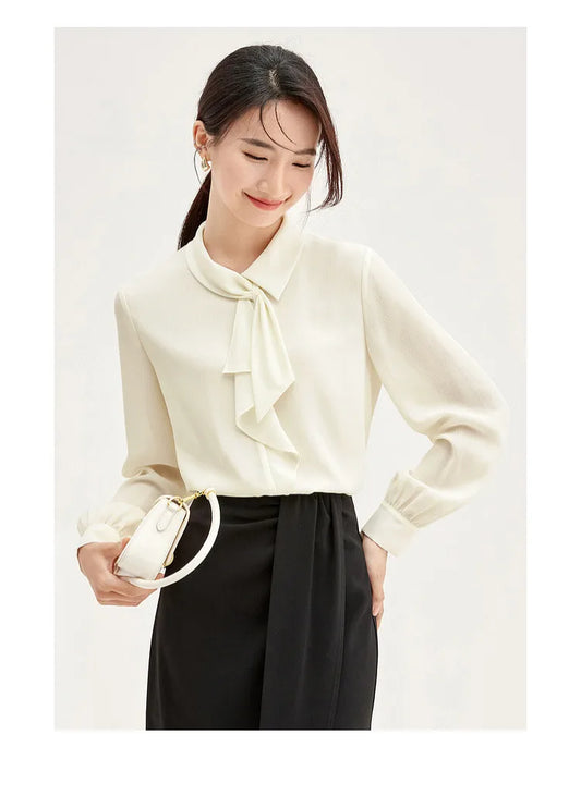 Elegant Bow Neck Chiffon Blouse & Long Sleeve Top
