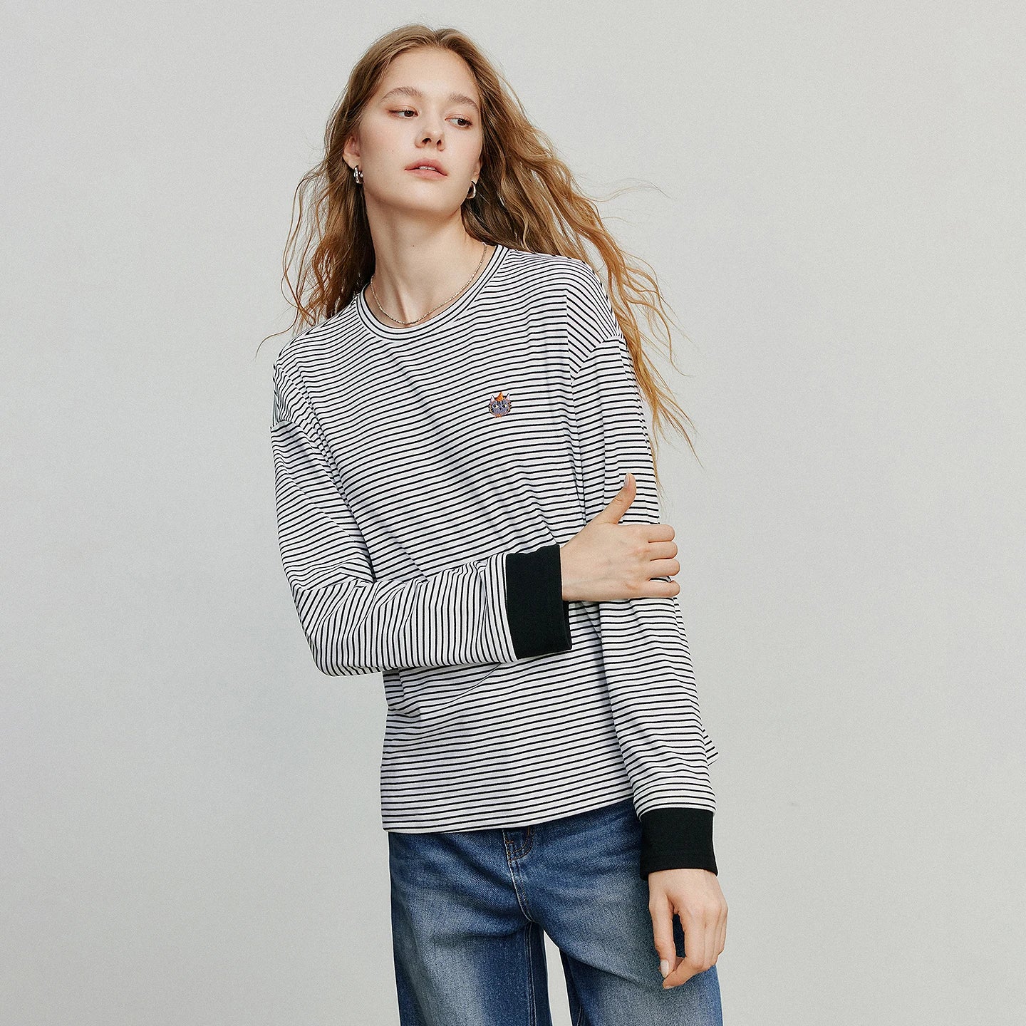 Asymmetric Slim-Fit Stripe Embroidered Top