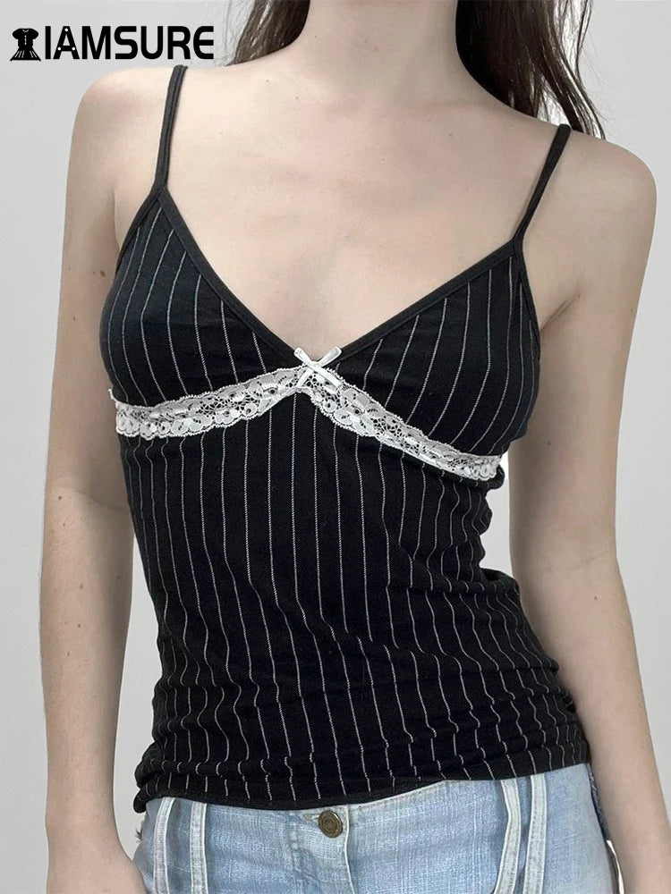 Slim Striped Lace Patchwork Camisole Top