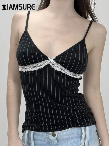 Slim Striped Lace Patchwork Camisole Top