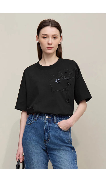 Embroidered Drop Shoulder Loose Cotton Tee