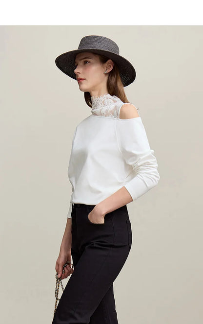 Long Sleeve Lace Accent Cotton T-Shirt