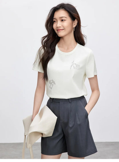 Embroidered Round Neck Short Sleeve Casual T-shirt