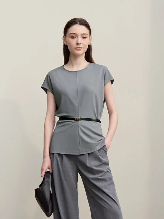 Fitted Waist Pleated Knit Tee Solid Top