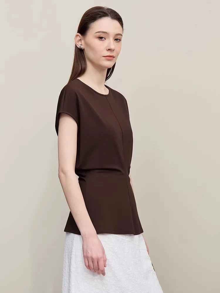 Fitted Waist Pleated Knit Tee Solid Top