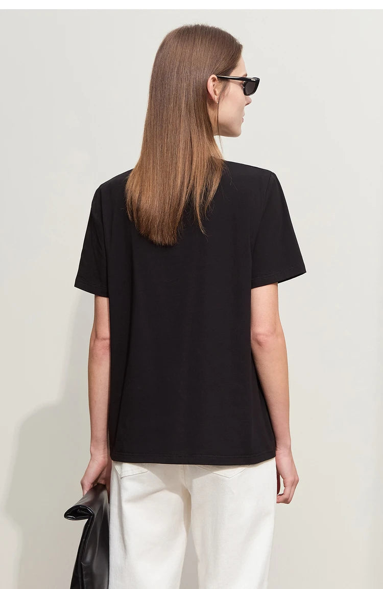 Minimalist Embroidered Black O-Neck T-shirt