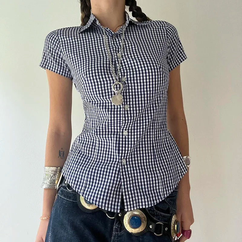 Plaid Cropped Button-Up Cardigan & Summer Blouse