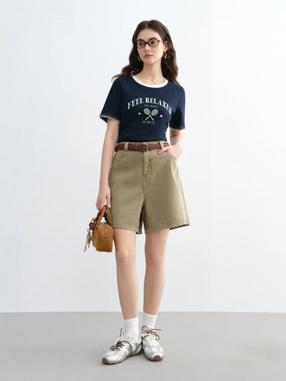 Vintage Contrast-Stitch Round Neck Tee & Relaxed Fit