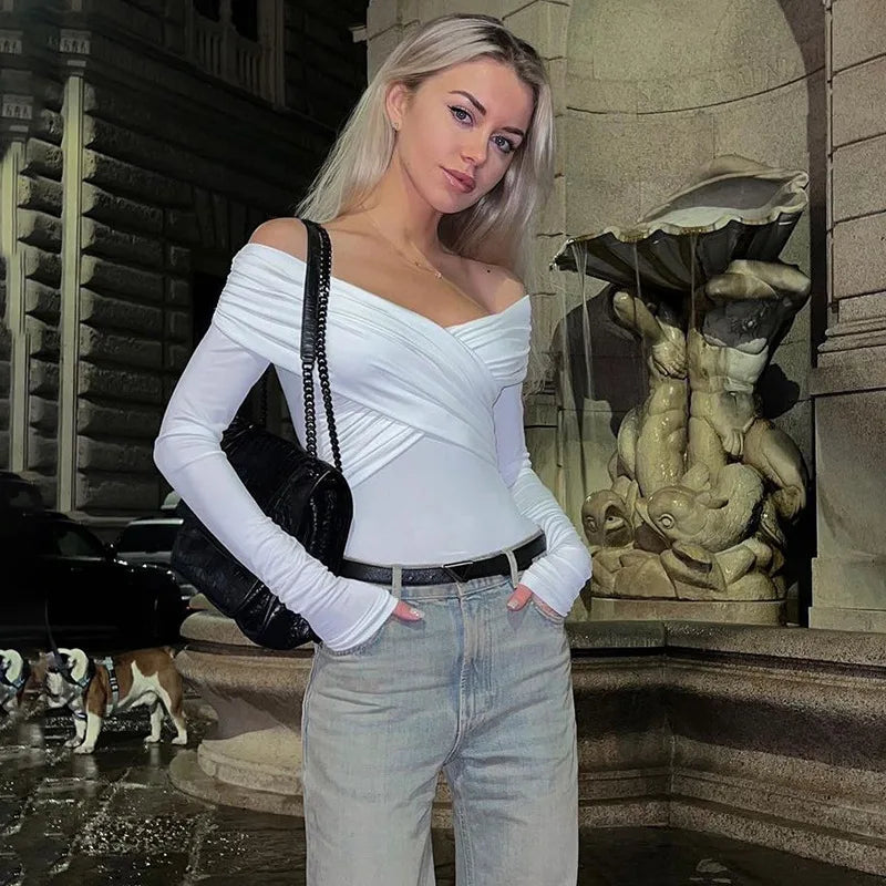 Off Shoulder Long Sleeve V Neck Bodysuit Top