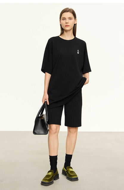 Minimal Loose Long T-shirt with Embroidery
