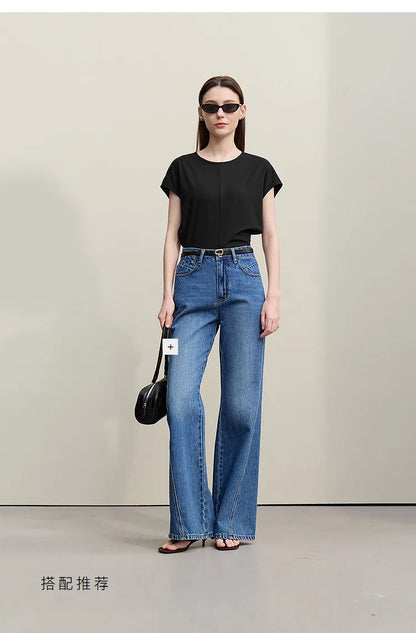 Fitted Waist Pleated Knit Tee Solid Top