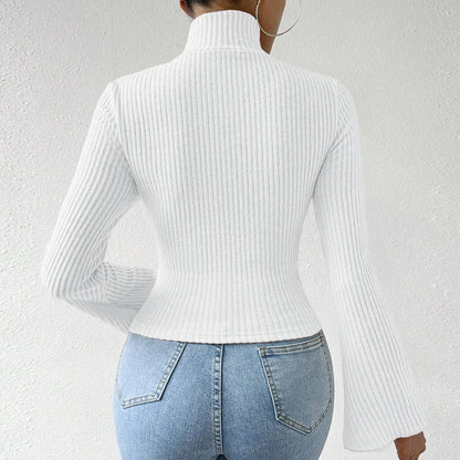 Korean Cut-Out Long Sleeve High-Neck T-Shirt