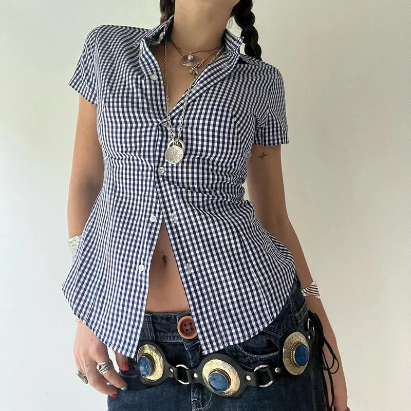 Plaid Cropped Button-Up Cardigan & Summer Blouse