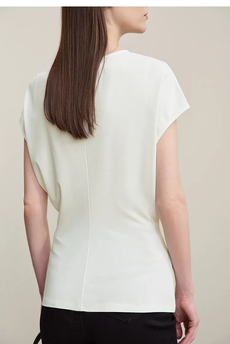 Fitted Waist Pleated Knit Tee Solid Top