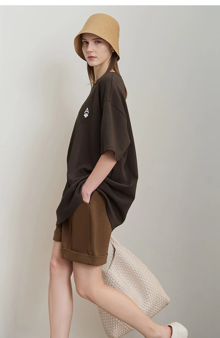 Minimal Loose Long T-shirt with Embroidery