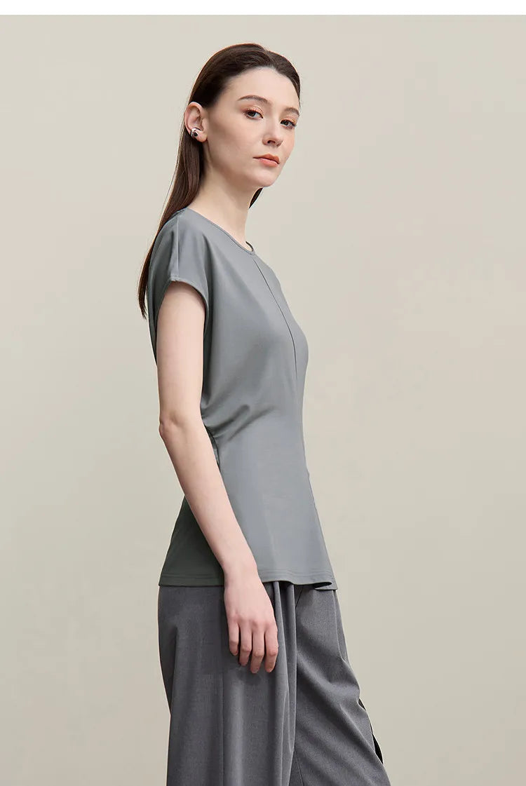 Fitted Waist Pleated Knit Tee Solid Top