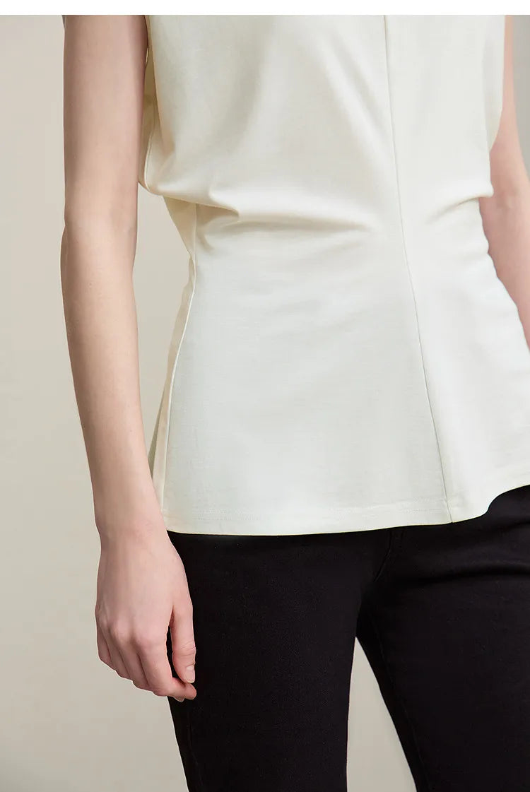 Fitted Waist Pleated Knit Tee Solid Top