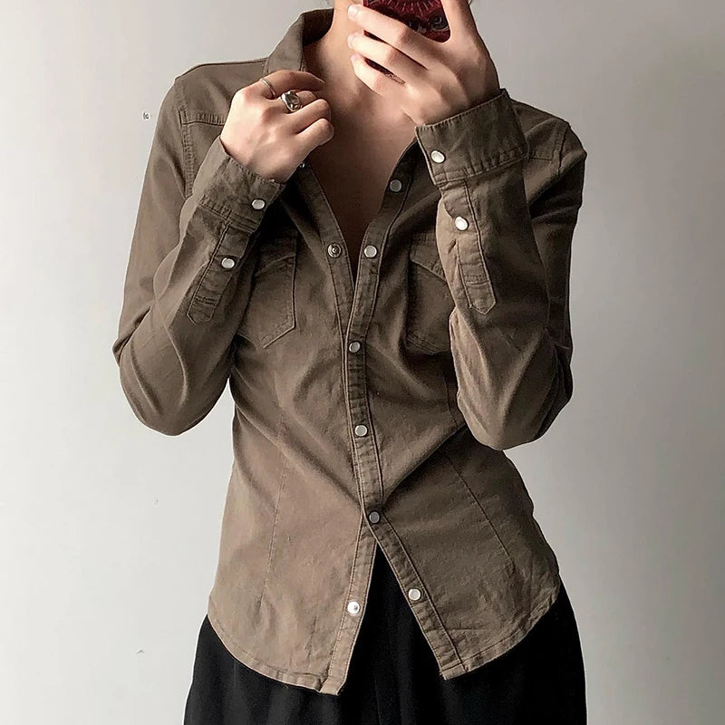 Cargo Style Denim Button-Up Shirt with Pockets
