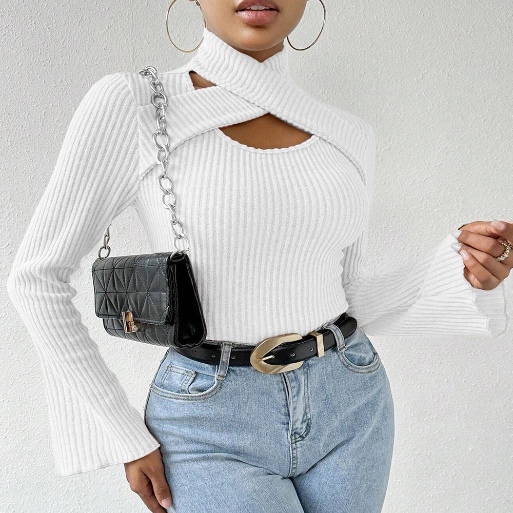 Korean Cut-Out Long Sleeve High-Neck T-Shirt