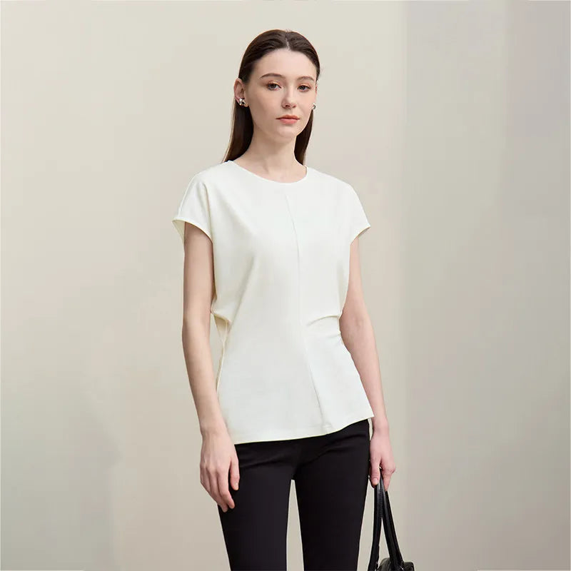 Fitted Waist Pleated Knit Tee Solid Top