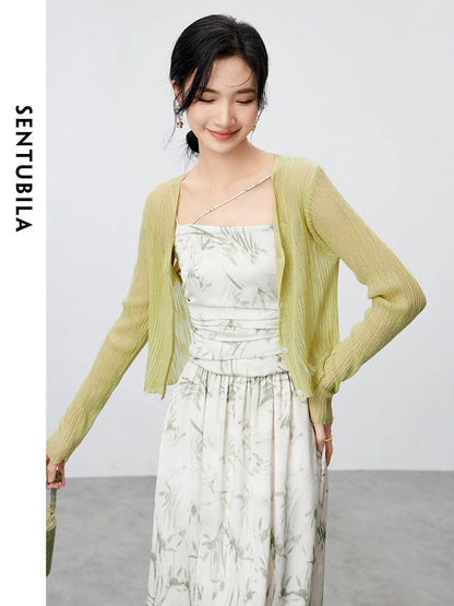 V-neck Cropped Knitted Cardigan & Long Sleeve Top