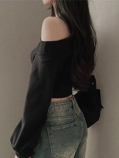 Casual Cropped Off-Shoulder Skew Collar Tee